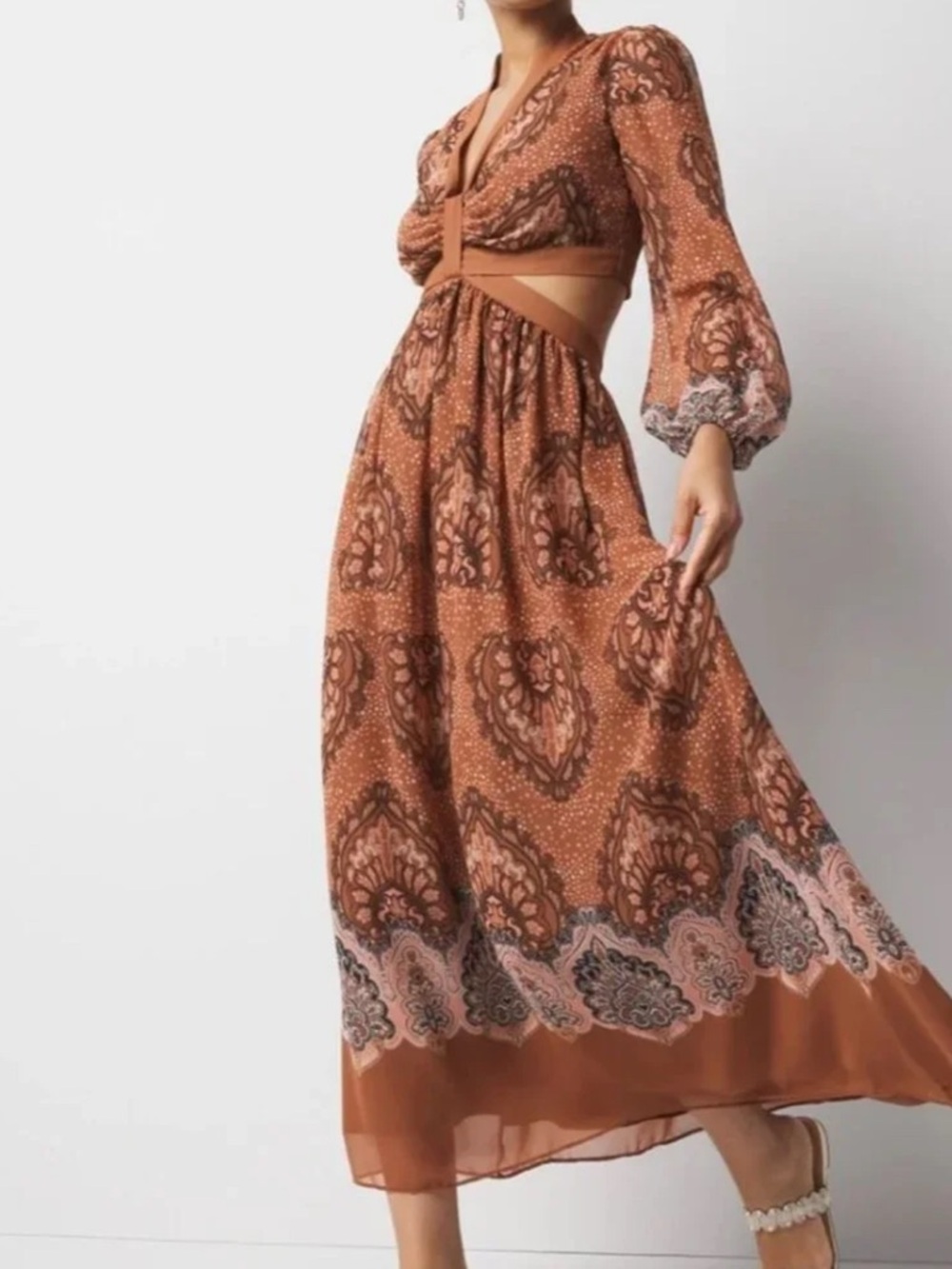 Sz 14 WHBM Long-Sleeve V-Neck Cutout Midi Dress